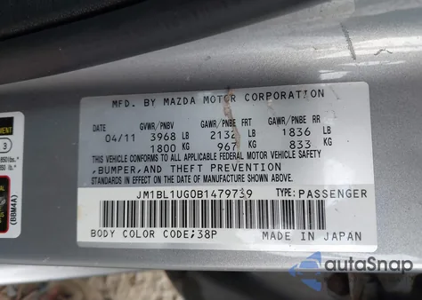 2011 Mazda Mazda3 I Sport from USA, damaged, VIN JM1BL1UG0B1479739